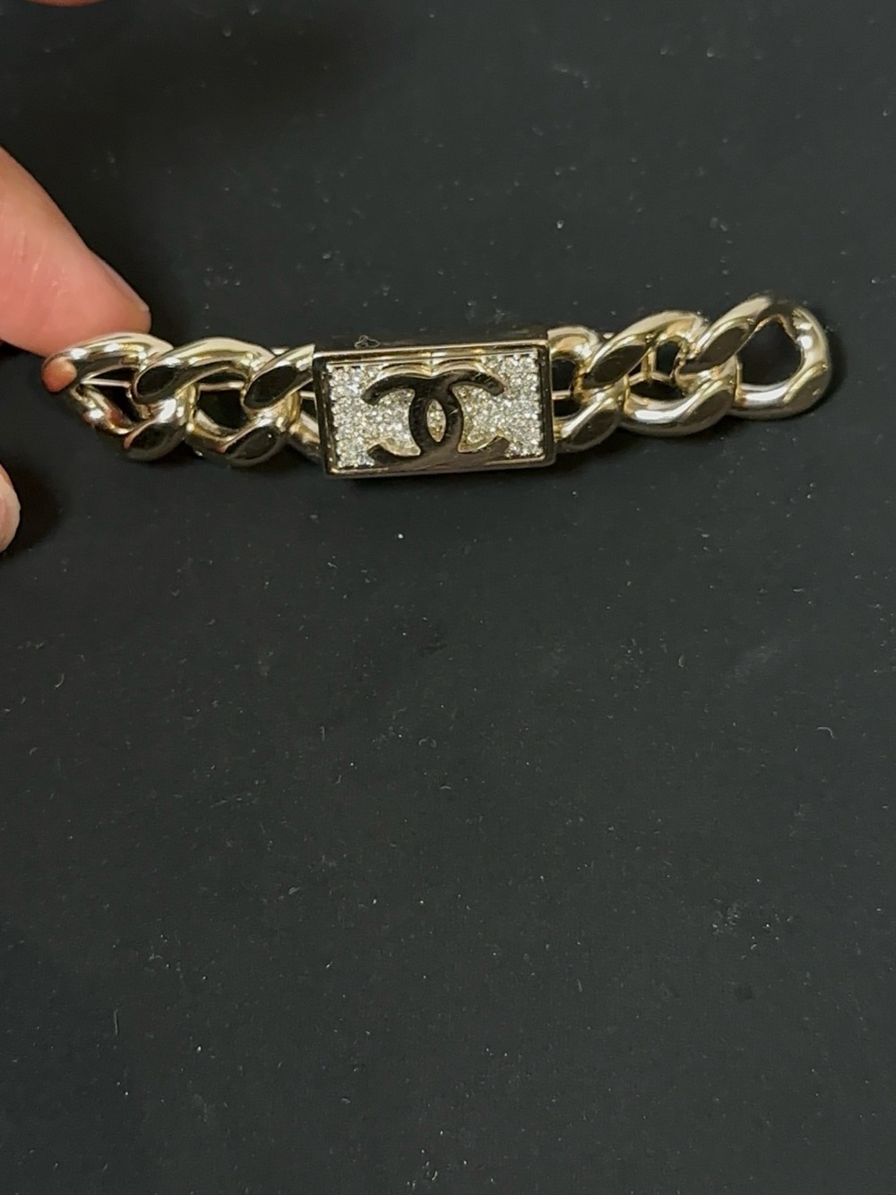 Chanel Gold-Tone Chain hair clip with Crystal Logo Plaque